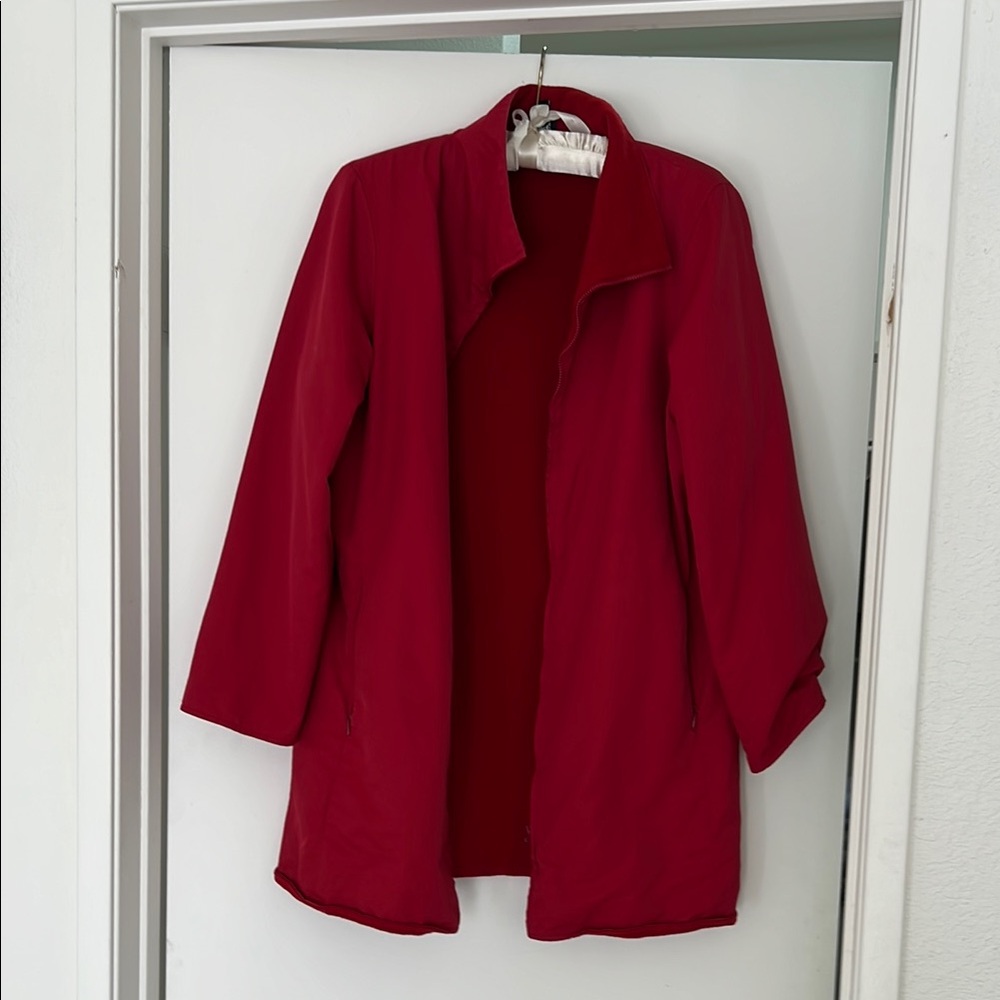 Eileen Fisher Red Trench Coat with Notched Lapel and Long Sleeves